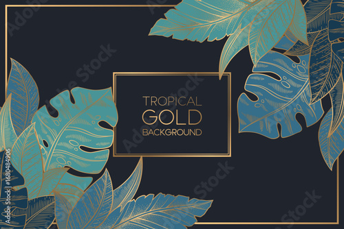 Vector illustration with abstract gold exotic palm and monstera leaves isolated on black background. Elegant luxury line art design template for card print, wedding invitation, wallpaper
