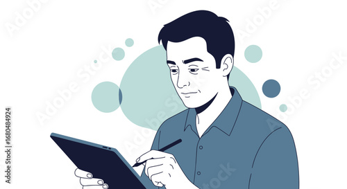 Digital Artist Working On Tablet With Stylus, Focused Expression and Graphic Illustration