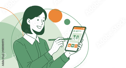 Digital Education Platform Illustration: Woman With Stylus Interacting with Smartphone Interface