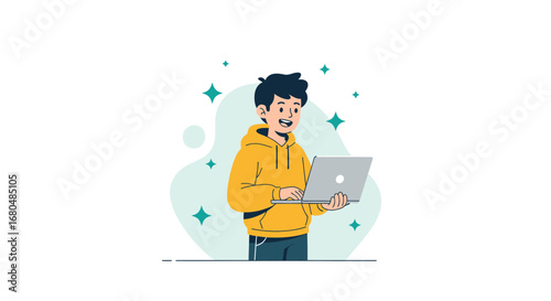 Enthusiastic Young Man Working On Laptop Amidst Sparkling Illustrations, Vector Style