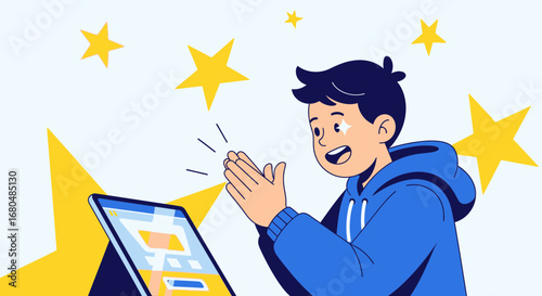 Excited Boy Applauding For Something Exciting Displayed On The Tablet Screen