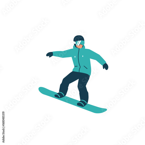 A person in winter gear snowboarding, gliding across a snowy landscape.