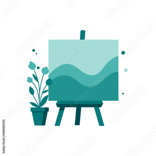 An artistic illustration of an easel holding a canvas, with a potted plant.