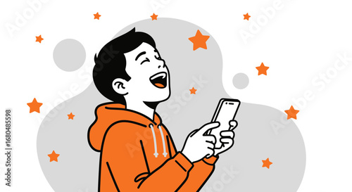 Happy Young Man Looking Up And Expressing Excitement While Holding A Smartphone