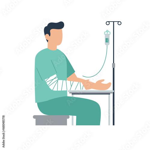 A man with a bandaged arm sits receiving intravenous fluids.