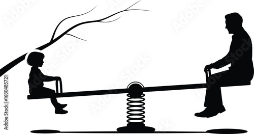 Seesaw Silhouette – Child and Adult Playing on Spring Rocker Playground Equipment Under Tree Branch – Family Fun Vector Art