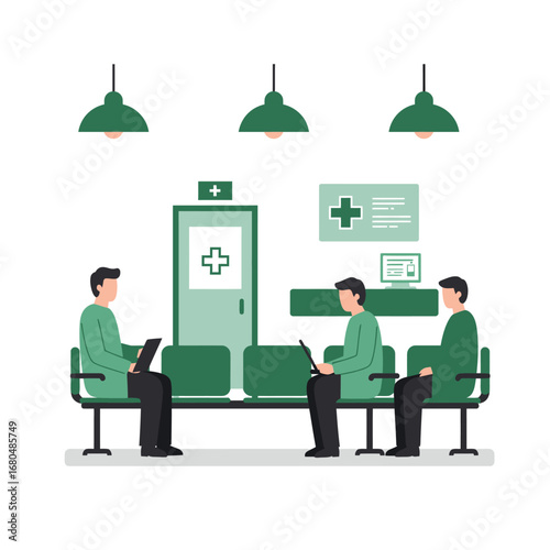 Three people wait in a hospital waiting room, seated on a bench, using laptops.