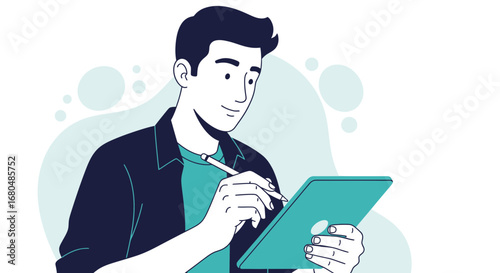 Illustrative Depiction Of Male Using Digital Tablet With Stylus For Creative Design Work