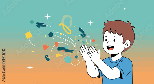 Joyful Child Clapping Enthusiastically Amidst Geometric Shapes With Sparkles