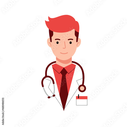 Cartoon illustration of a friendly male doctor with a stethoscope around his neck, wearing a white coat and red tie.