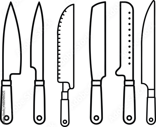 Six different kitchen knives lined up knife set cooking