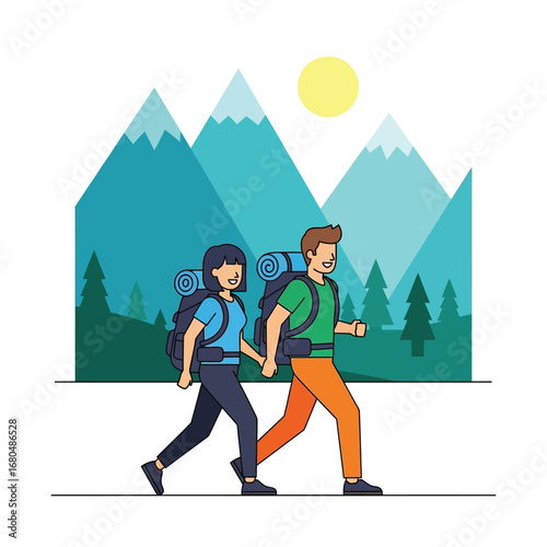 A couple hikes through a mountain landscape, hand-in-hand, carrying backpacks on a sunny day.