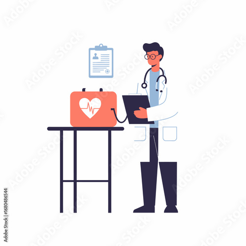 A doctor in a white coat examines a medical kit, possibly for CPR or emergency response.