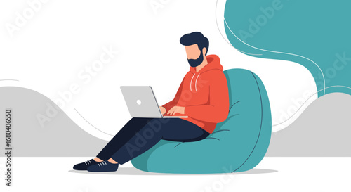 Man Working Remotely Using Laptop From Comfort, Freelancer Is Using Computer, Illustration