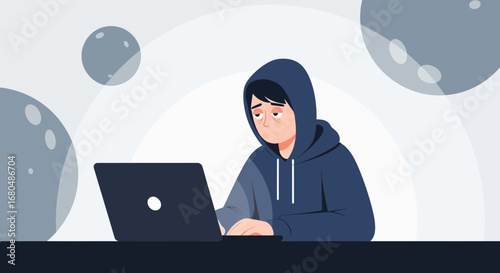 Online Cyberpunk Working, Depressed Programmer With Hood Working On A Laptop, Vector Art.