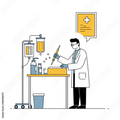 A scientist in a lab coat works with equipment, possibly conducting medical research.