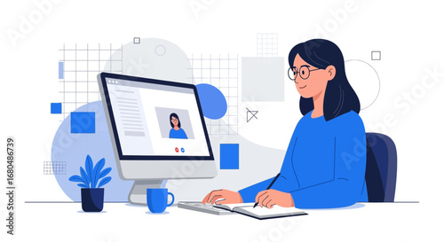 Online Conference Call Illustration Featuring A Woman In A Modern Digital Workplace.
