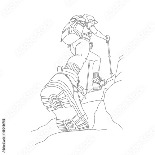 Hiking figure ascending a rocky mountain path, detailed line art.