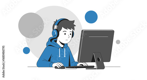 Online Gamer Concentrating, Using Headsets, Performing Tasks, Interacting, Modern Technology
