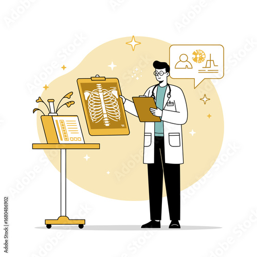 Doctor in lab coat examining a chest X-ray on a clipboard in a medical setting.