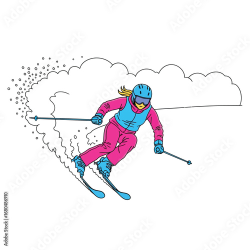 A woman skier in motion, carving through a snowy mountain landscape.