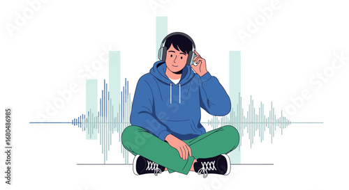 Person Enjoying Sound Waves Listening To Music With Headphones In Relaxed Position