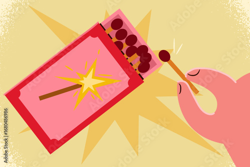 Vector illustration of a hand picking a match from an open matchbox, symbolizing ignition, fire, and safety.