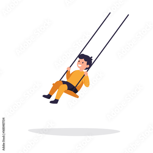 Smiling child enjoying a swing in a park setting.