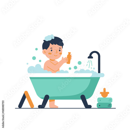 A young boy is taking a bath in a mint green tub, playing with a bottle and surrounded by bubbles.