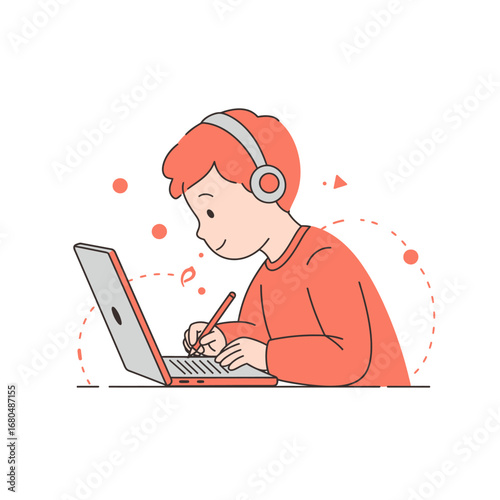 Cartoon illustration of a child using a laptop and taking notes.