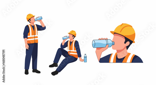 Construction worker taking a water break, three different poses, illustration.