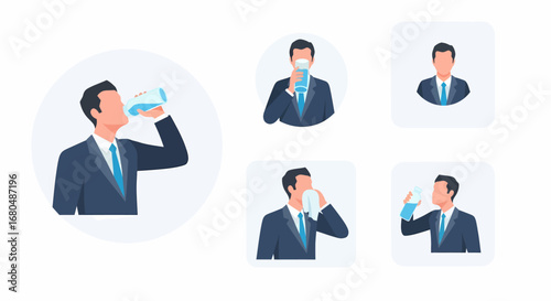 Businessman drinking water from various containers, showcasing different hydration poses.