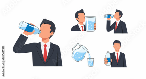 A businessman in a suit is depicted in multiple scenes demonstrating the act of drinking water from a bottle and a glass, emphasizing hydration.