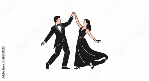 Elegant couple in formal attire gracefully dancing together, holding hands with smiles.