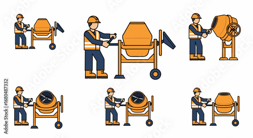 Six illustrations depict a construction worker operating a cement mixer, showing different stages of the mixing process.