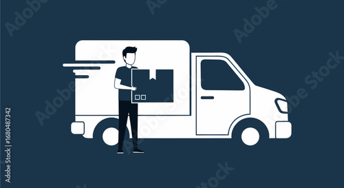 An illustration of a delivery person holding a package next to a white shipping truck, symbolizing fast logistics.