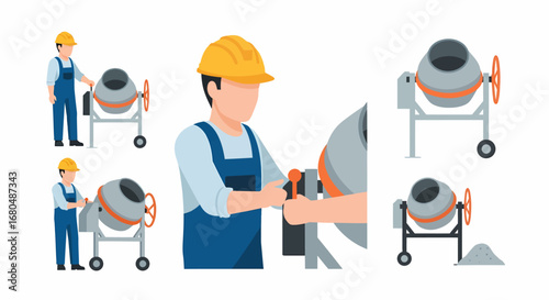 Vector illustrations showing a construction worker operating a cement mixer and various views of the essential building equipment.