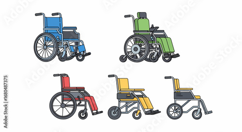 A collection of five different colored wheelchairs, each designed for mobility and support.