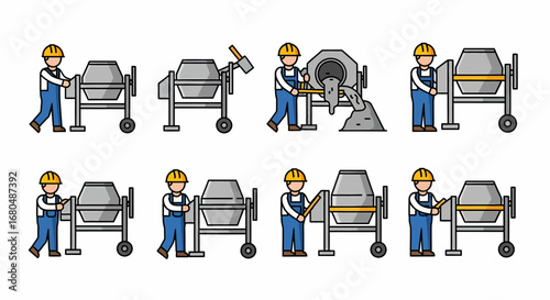 Cartoon depictions of construction workers operating and interacting with cement mixers.