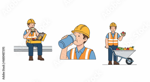 Illustrations depicting a construction worker eating, drinking, and carrying a wheelbarrow of food.