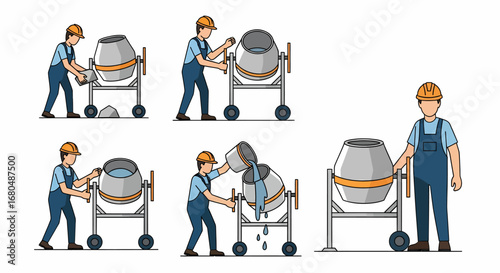 Construction workers operating a concrete mixer, showing various stages of mixing.
