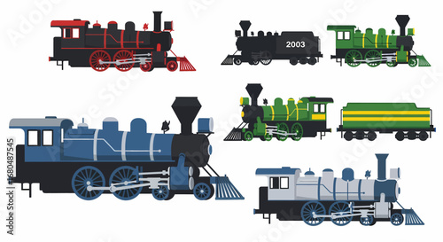 Six vintage steam locomotives illustrated, various colors and designs.