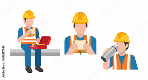 Construction worker's lunch break: eating sandwich, fries, and drinking from thermos.