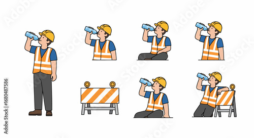 A construction worker in a hard hat and safety vest drinks water from a bottle in various poses, including standing, sitting, and leaning against a barrier.