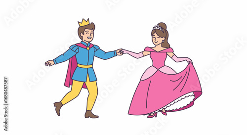 A charming illustration depicts a prince and princess dancing gracefully, holding hands, with the princess in a flowing pink gown and the prince in regal blue attire.