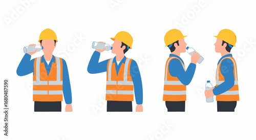 Construction workers in safety vests and hard hats are shown in various poses, drinking water from bottles to stay hydrated during their work.
