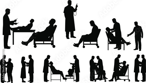 Doctor consulting patient silhouette, hospital healthcare staff, medical examination, patient treatment, clinical diagnosis, healthcare professional, medicine consultation, hospital service, vector 