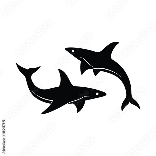 Vector illustration of two swimming sharks in a minimalist black silhouette design element