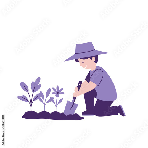 A smiling child kneels, happily gardening, using a small shovel to tend to plants and flowers.
