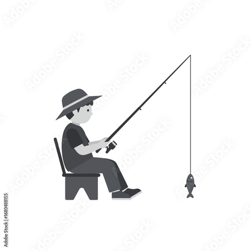 A boy sits on a stool fishing, holding a fishing rod with a fish on the line.